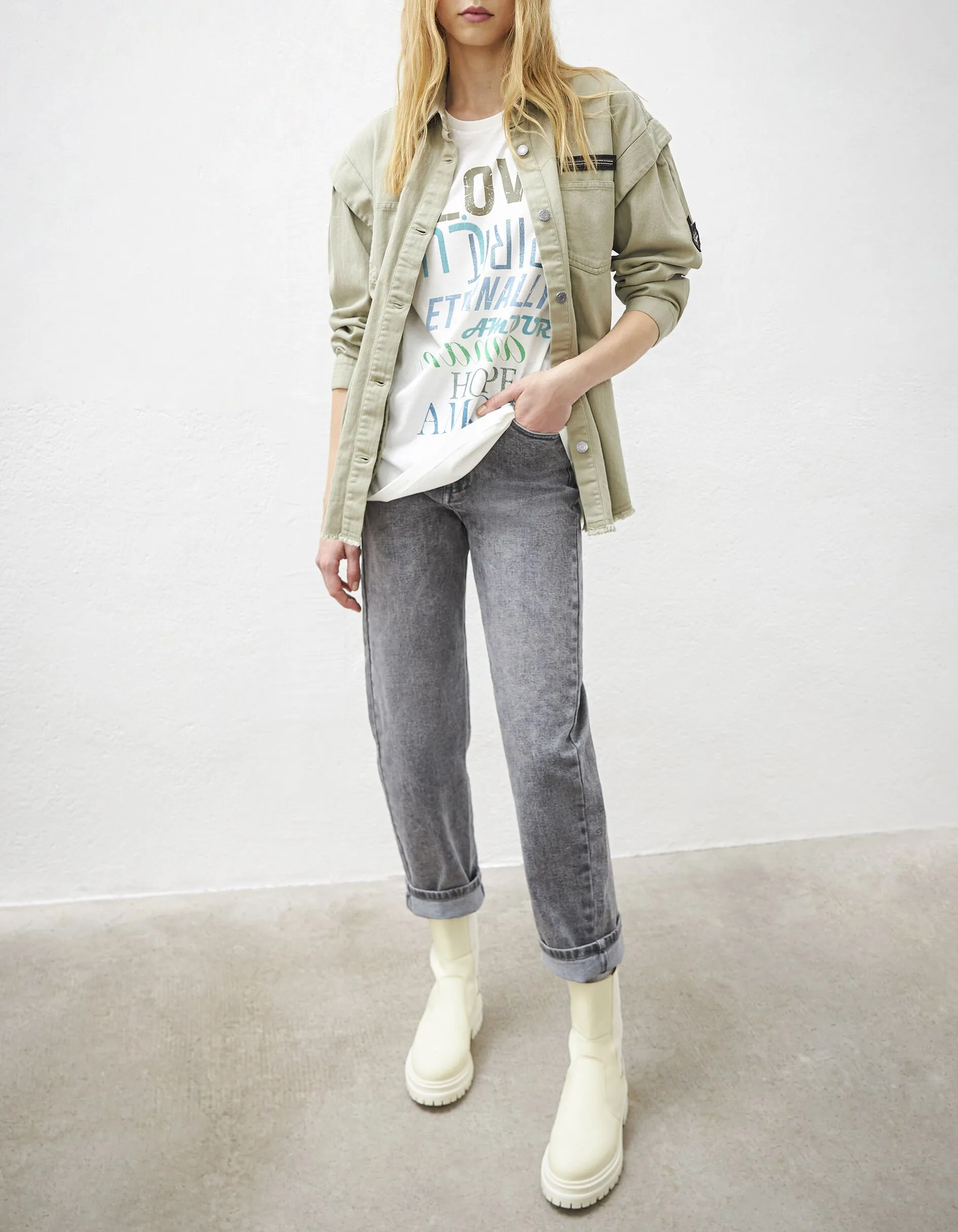 Army Green Cotton Shirt with Epaulettes and Badges for Women