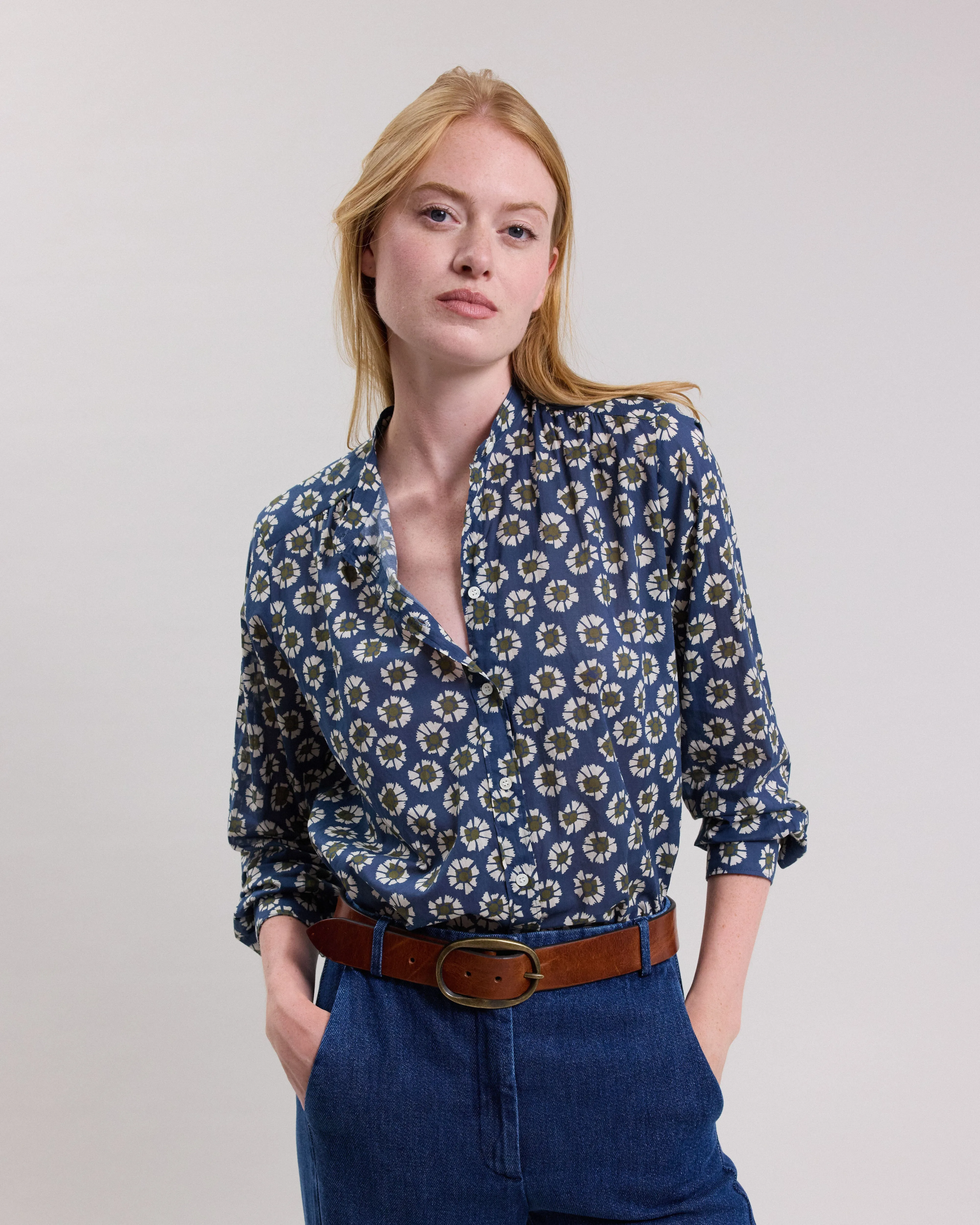 Chemise Femme en coton imprimé fleurs Bleu Coda