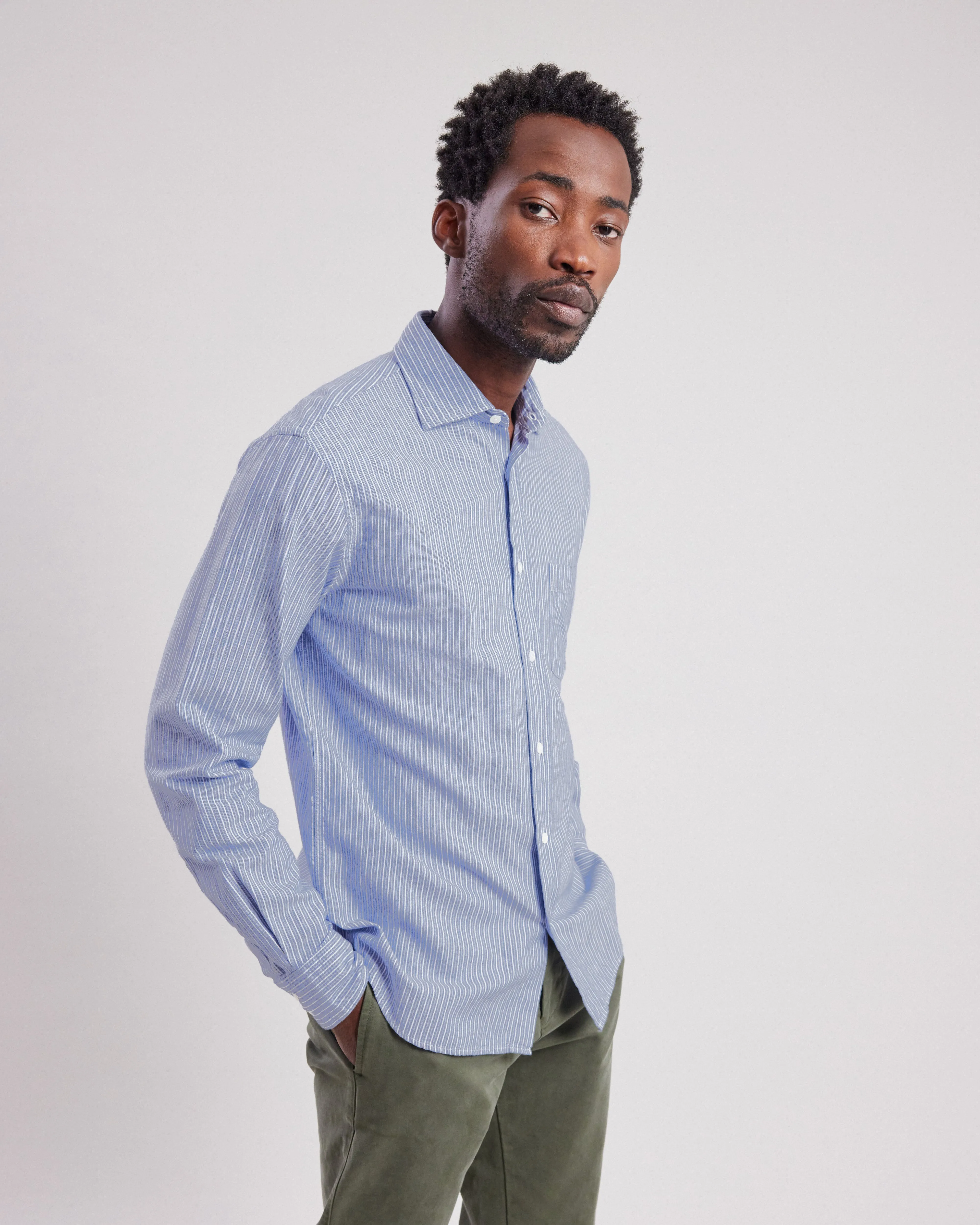 Chemise Homme en gabardine de coton à rayures Bleu Paul