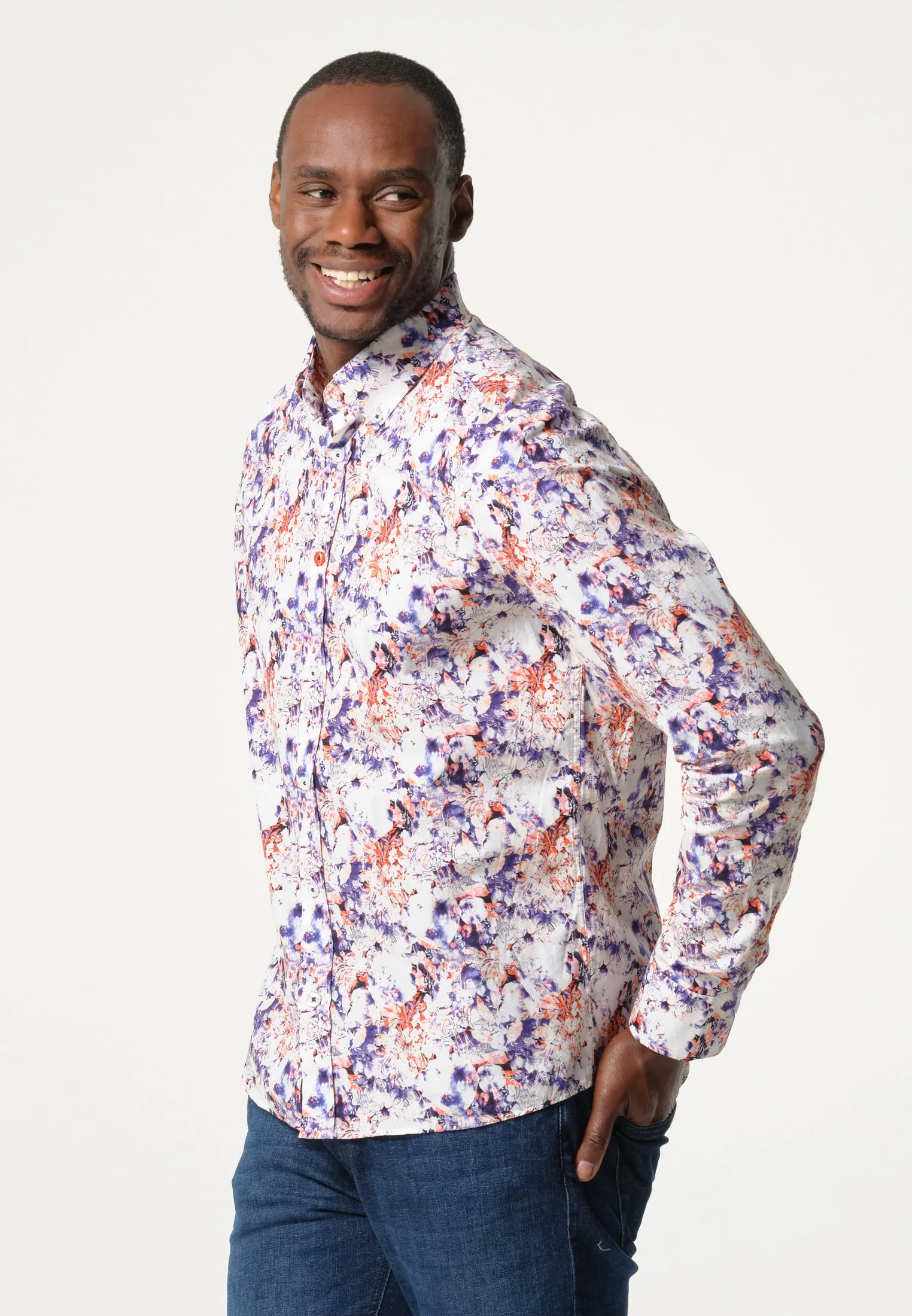 Chemise homme imprimé fleuri blanc et violet