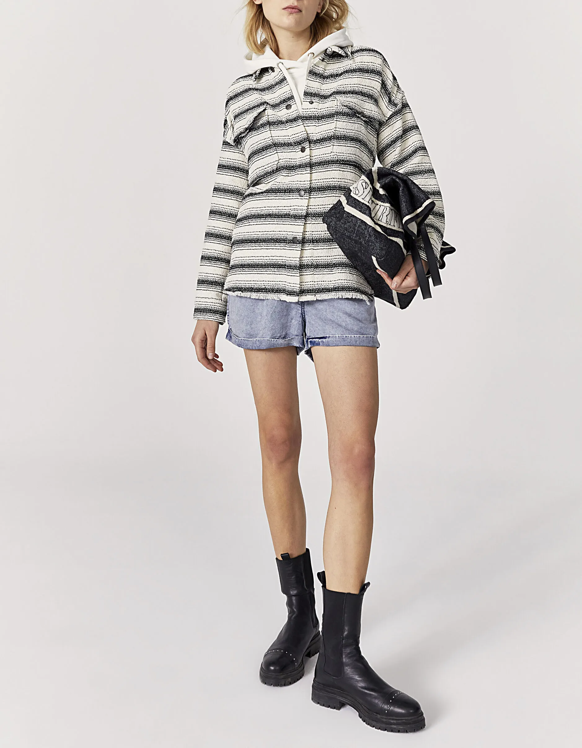Loose Black and White Tweed Striped Shirt for Women