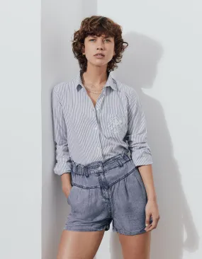 Striped Shirt with Metallic Thread and Chest Patch for Women