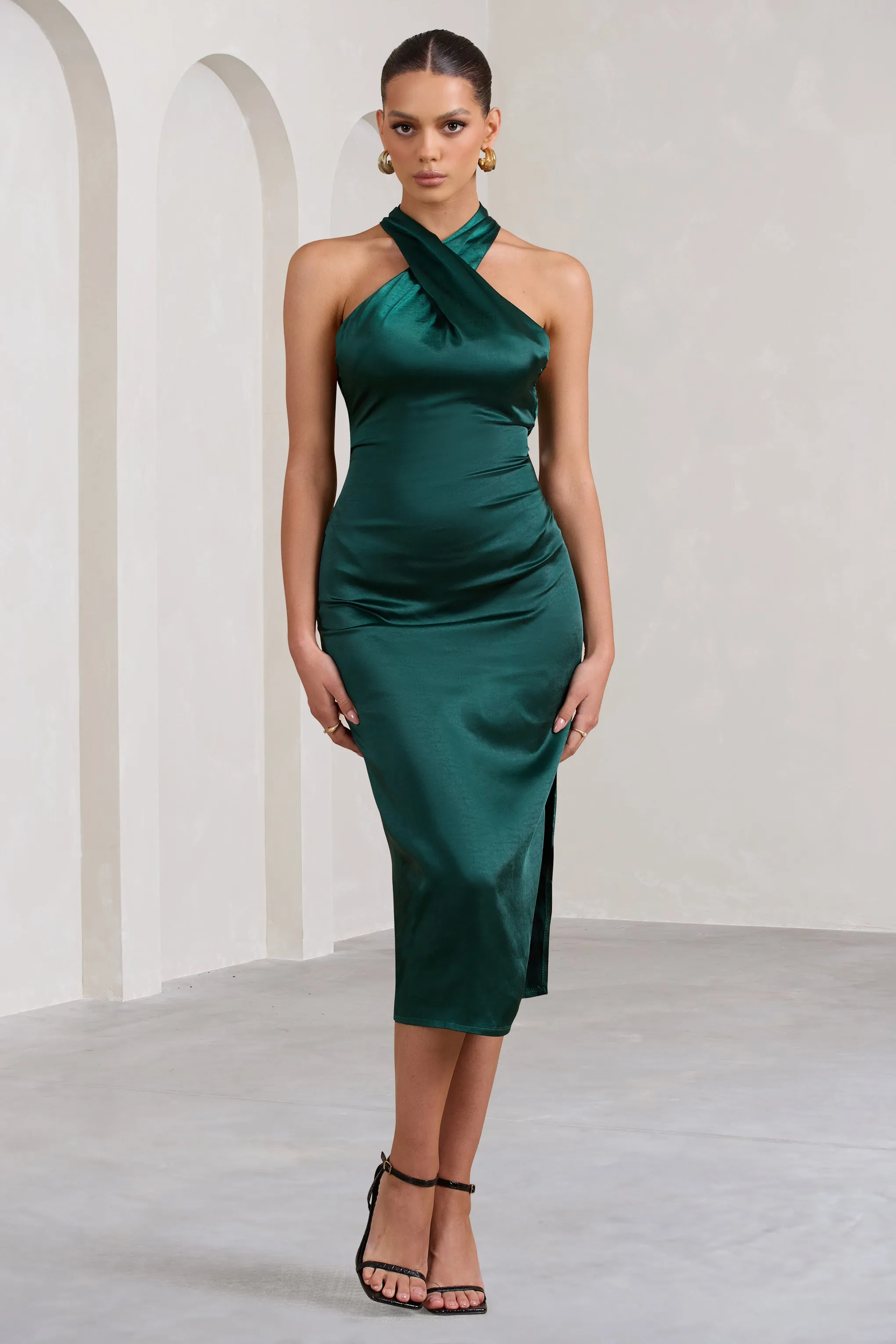 Stunning | Bottle Green Crossed Halterneck Midi Dress