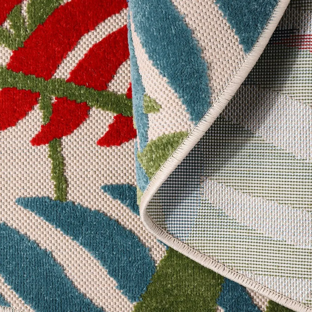 Tapis extérieur ø120cm rond tissé kilim bleu et rouge chimek
