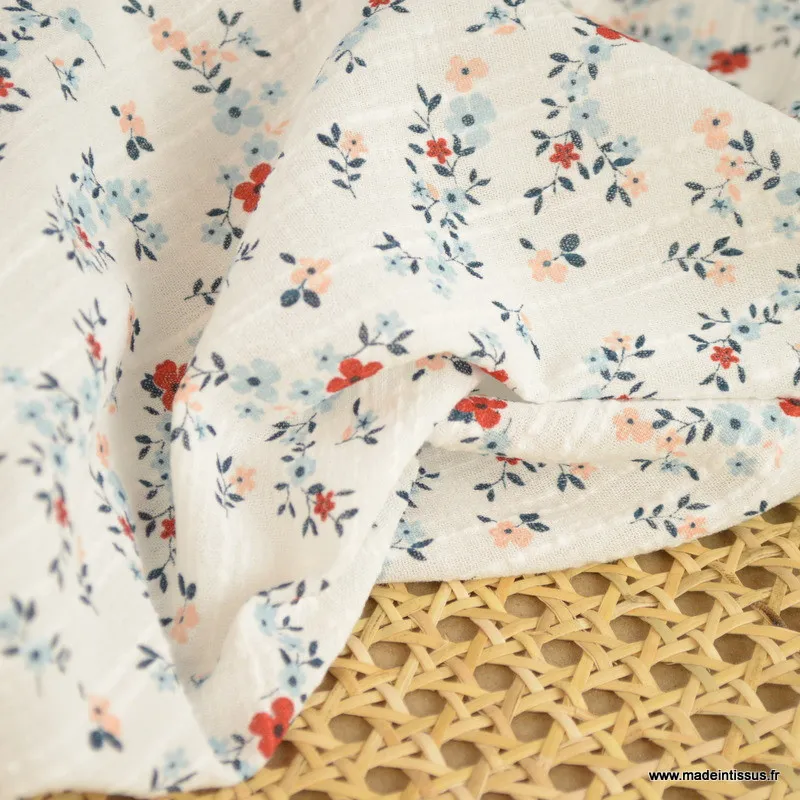 Tissu crêpe de coton imprimé fleurs fond blanc - oeko tex