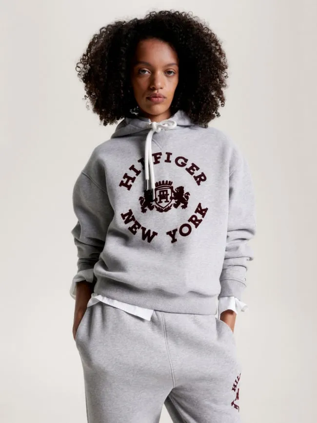 Tommy Hilfiger Women's Heather Grey Varsity Flock Hoodie | wimod