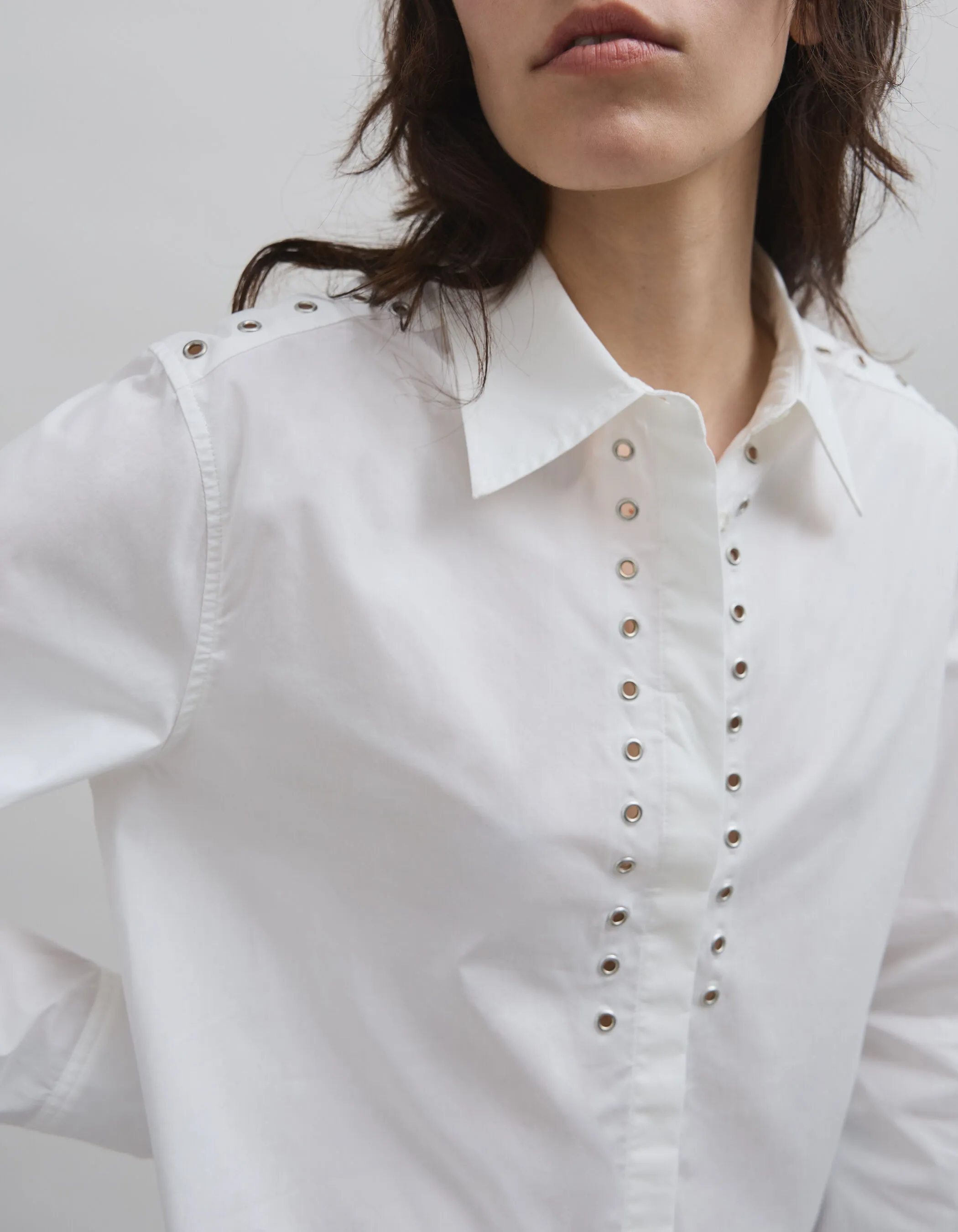 Woman's Organic White Cotton Shirt with Eyelet Decoration