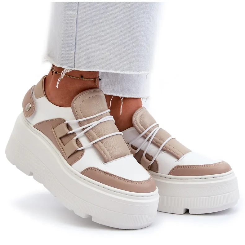 Zazoo 1833, Women's Leather Sneakers with Massive Sole, Beige and White